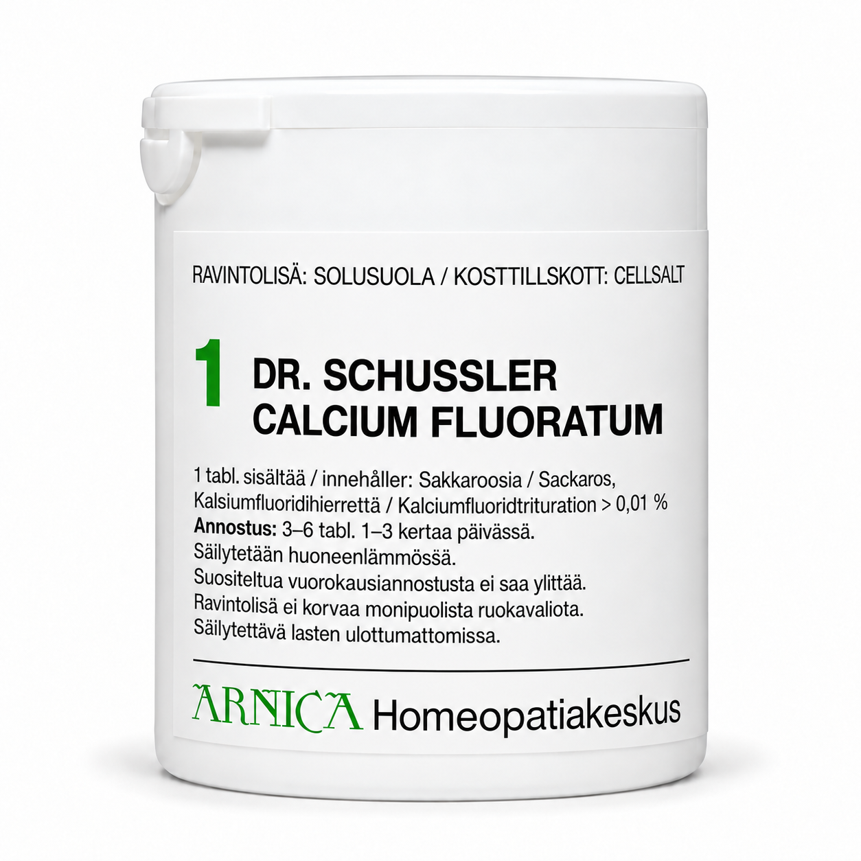 Arnica Schüssler-solusuola 1 Calcium fluoratum, valkoinen tuotepurkki ja etiketti.