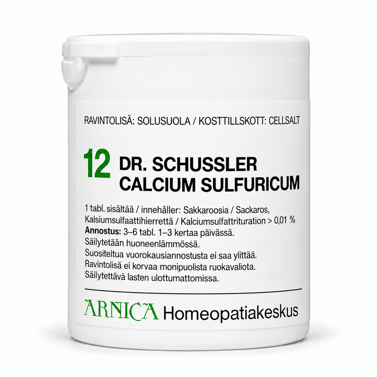 Arnica Schüssler-solusuola 12 Calcium sulfuricum, valkoinen tuotepurkki ja etiketti.