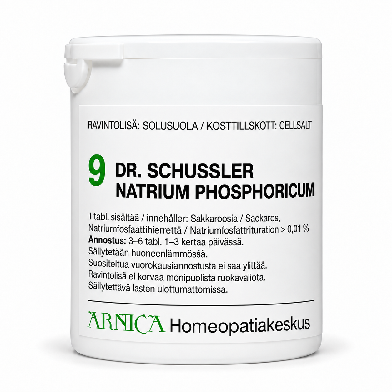 Arnica Schüssler-solusuola 9 Natrium phosphoricum, valkoinen tuotepurkki ja etiketti.