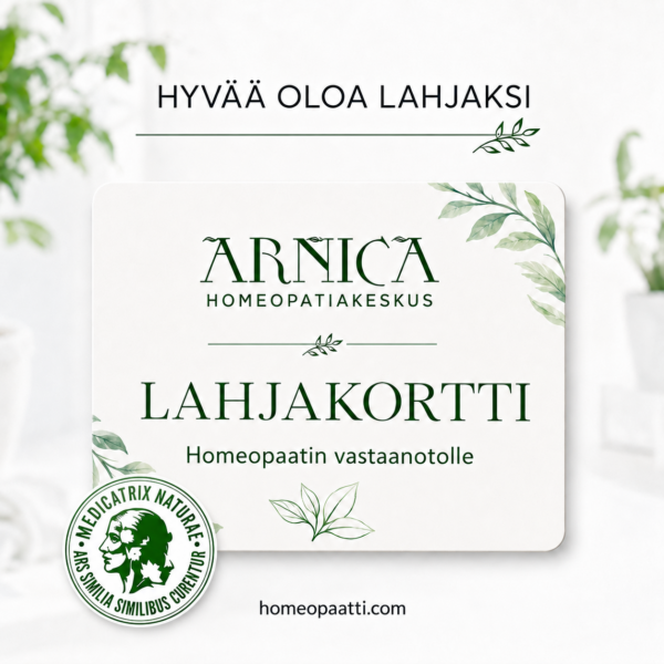 Arnica Homeopatiakeskuksen lahjakortti homeopaatin vastaanotolle ja Vis Medicatrix Naturae -tunnus