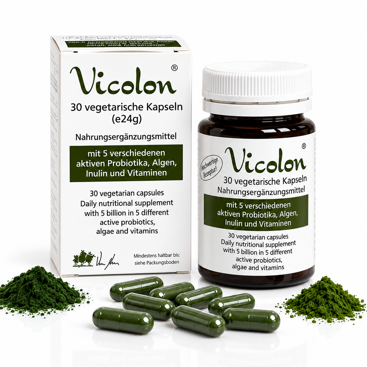 Vicolon Premium maitohappobakteeri 30 kapselia, pakkaus ja purkki